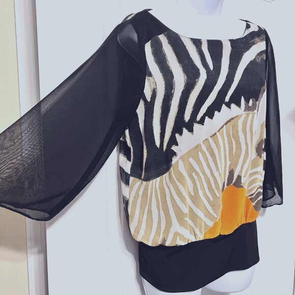 Very Vollbrach Women's Blouse-Sheer Sleeves-Size Small-Black/Zebra Print-Baggy - Picture 3 of 15